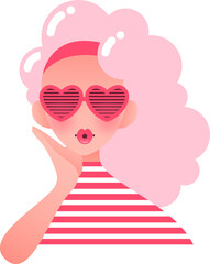 Stylized flat design woman is posing with pink hair, heart sunglasses, transparent background