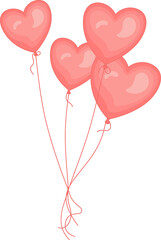 Four heart-shaped balloons are floating in flat design with curled strings, transparent background