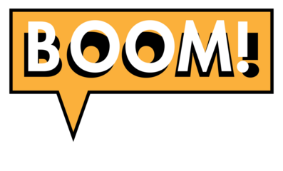 Cartoon-style speech bubble is showing mustard fill with bold BOOM! text on transparent background