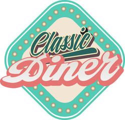 flat diner sign is displaying diamond shapes with cursive Classic Diner text and bulbs, copy space