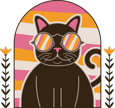 Fototapeta Flat cat is wearing round shades sitting under striped arch with flowers on clear background