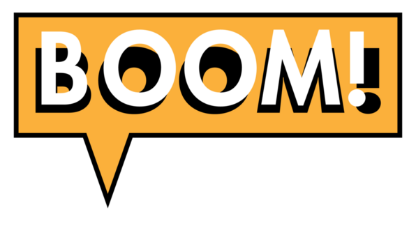 Cartoon-style speech bubble is showing mustard fill with bold BOOM! text on transparent background