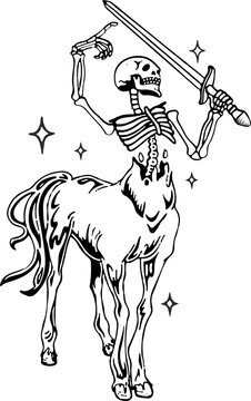 Line art illustration is showing skeletal centaur warrior wielding broadsword on transparent field