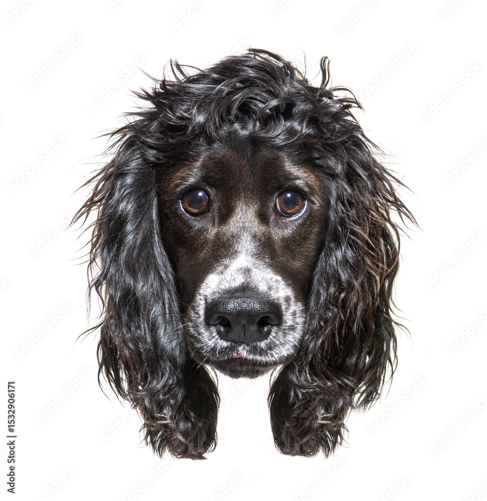 Poster portrait of adorable working cocker spaniel showing expressive eyes and wet fur