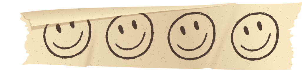 Flat design torn tape is showing four hand-drawn smiley faces on transparent background, copy space