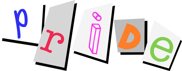 Illustration is showing five angled cards spelling pride in flat vector on transparent background