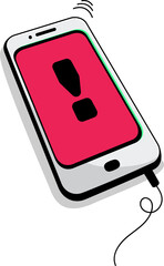 Flat design smartphone showing red alert exclamation mark, cable shaking on transparent background