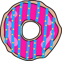 Doughnut is showing pink icing with blue stripes and yellow sprinkles on flat art clear background