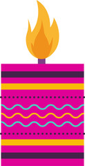 Decorative candle is glowing with striped body and flame in flat vector on transparent background