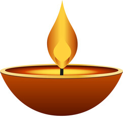 Stylized oil lamp bowl is glowing in vector art with wick, gradient flame on transparent background