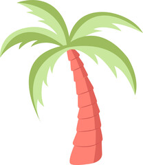Flat design palm tree is showing coral red trunk, green fronds, transparent background, copy space