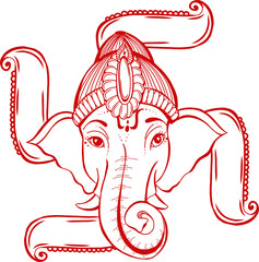 Stylized red line art elephant head is showing ornate crown curving lines on transparent background