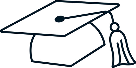 Mortarboard graduation cap is appearing as flat line drawing with tassel, transparent background