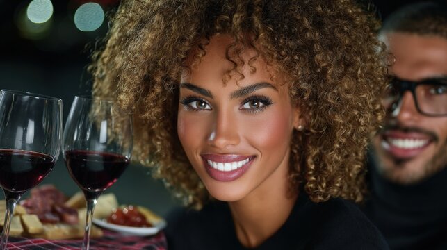Romantic picnic of couple on plaid blanket under tree