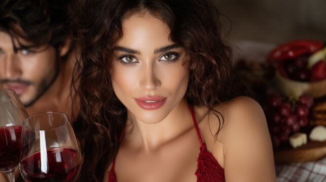 Romantic picnic of couple on plaid blanket under tree