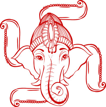 Fototapeta Stylized red line art elephant head is showing ornate crown curving lines on transparent background