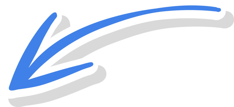 Cartoon-style curved arrow graphic is showing white border, black shadow on transparent background