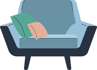 Showing geometric lounge chair on transparent background with light-blue seat, teal-peach pillows