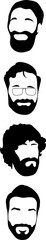 Male heads with beards, moustaches and glasses are showing in flat style on transparent background
