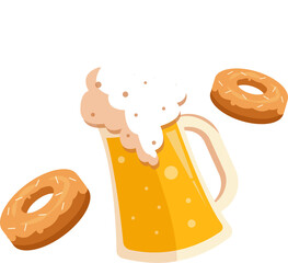 Vector design is showing frothy beer mug with bubbles and glazed donuts on transparent background