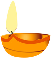 Stylized diya with glowing elongated flame is floating on transparent background, flat design