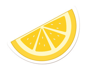 Flat design lemon wedge is being shown with segmented pulp and seeds on transparent background