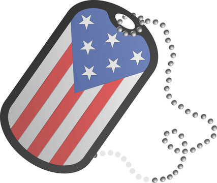 Fototapeta 3D US flag dog tag is floating on transparent background with star-heart overlay and silver chain