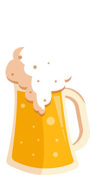 Naklejki Flat design beer mug is brimming with frothy foam and rising bubbles on transparent background