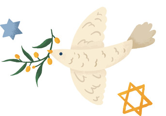 Sketch dove is carrying olive branch near blue star and yellow Star of David, transparent backdrop
