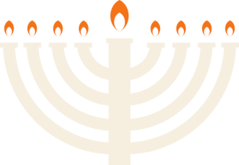 Menorah is glowing with nine orange red flames in minimal flat design, transparent background