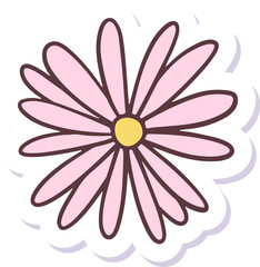 Stylized pink daisy floating sticker on clear bg showing yellow center, white edge, lavender shadow