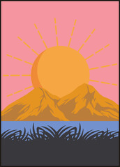 Flat design sun rising behind orange mountains over lake, grass silhouettes, transparent background