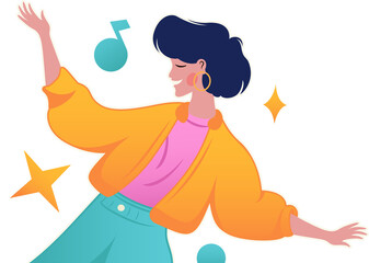 Flat illustration depicting dancing woman, floating music notes and stars on transparent background