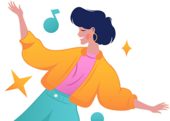 Flat illustration depicting dancing woman, floating music notes and stars on transparent background