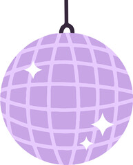 Flat design disco ball is hanging on purple cord with transparent background, grid facets sparkling