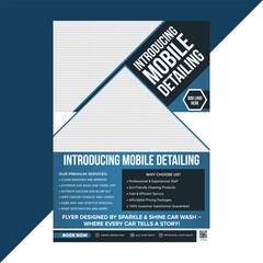 Stylish flyer template design for deluxe car wash packages with interior detailing, tire polish, wax finish, and fast delivery for mobile services