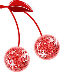 Pair of disco ball cherries is hanging from curved stem in flat vector, transparent background