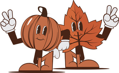 Anthropomorphic pumpkin and maple leaf showing peace signs in flat design on transparent background