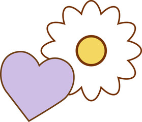 Flat design graphic is showing white daisy overlapping pastel purple heart, transparent background