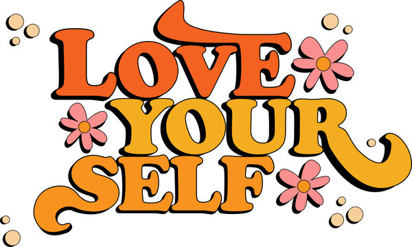 'LOVE YOUR SELF' is showing in flat design on transparent background with pink flowers, beige dots