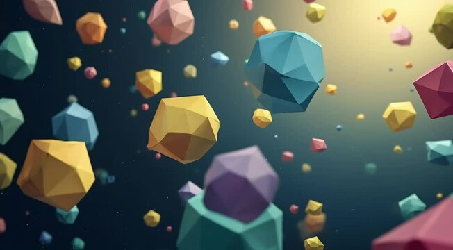 Multiple abstract polyhedral shapes floating in space, changing color and size in slow, fluid motions