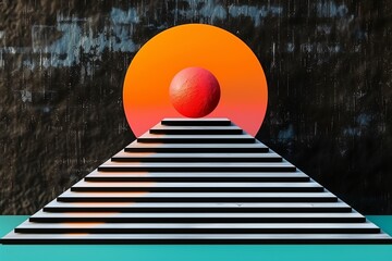 Surreal Pyramid and Sphere with Vibrant Sunset, Exploring Dimensional Boundaries of Art