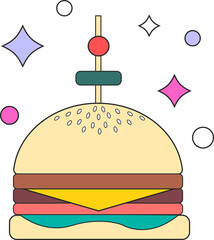 Flat design hamburger is floating on transparent background showcasing skewer and geometric decor