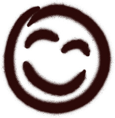 Cartoon circular smiling face doodle is floating on transparent background, using dark brown lines