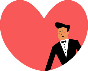 Smiling man in tuxedo is standing before large red heart on transparent background, flat design
