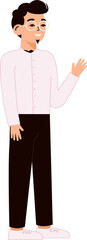 Illustrated flat design male figure is waving on transparent background, featuring round eyeglasses