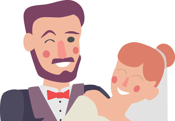 Newlywed couple is posing chest-up in cartoon vector with red bow tie, veil, transparent background