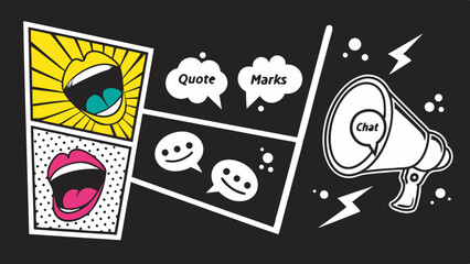 Trendy Pop Art Mouths and Colorful Speech Bubbles in Retro Comic Style Collage on Black  Generative AI