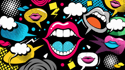 Trendy Pop Art Mouths and Colorful Speech Bubbles in Retro Comic Style Collage on Black  Generative AI