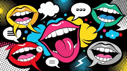 Trendy Pop Art Mouths and Colorful Speech Bubbles in Retro Comic Style Collage on Black  Generative AI